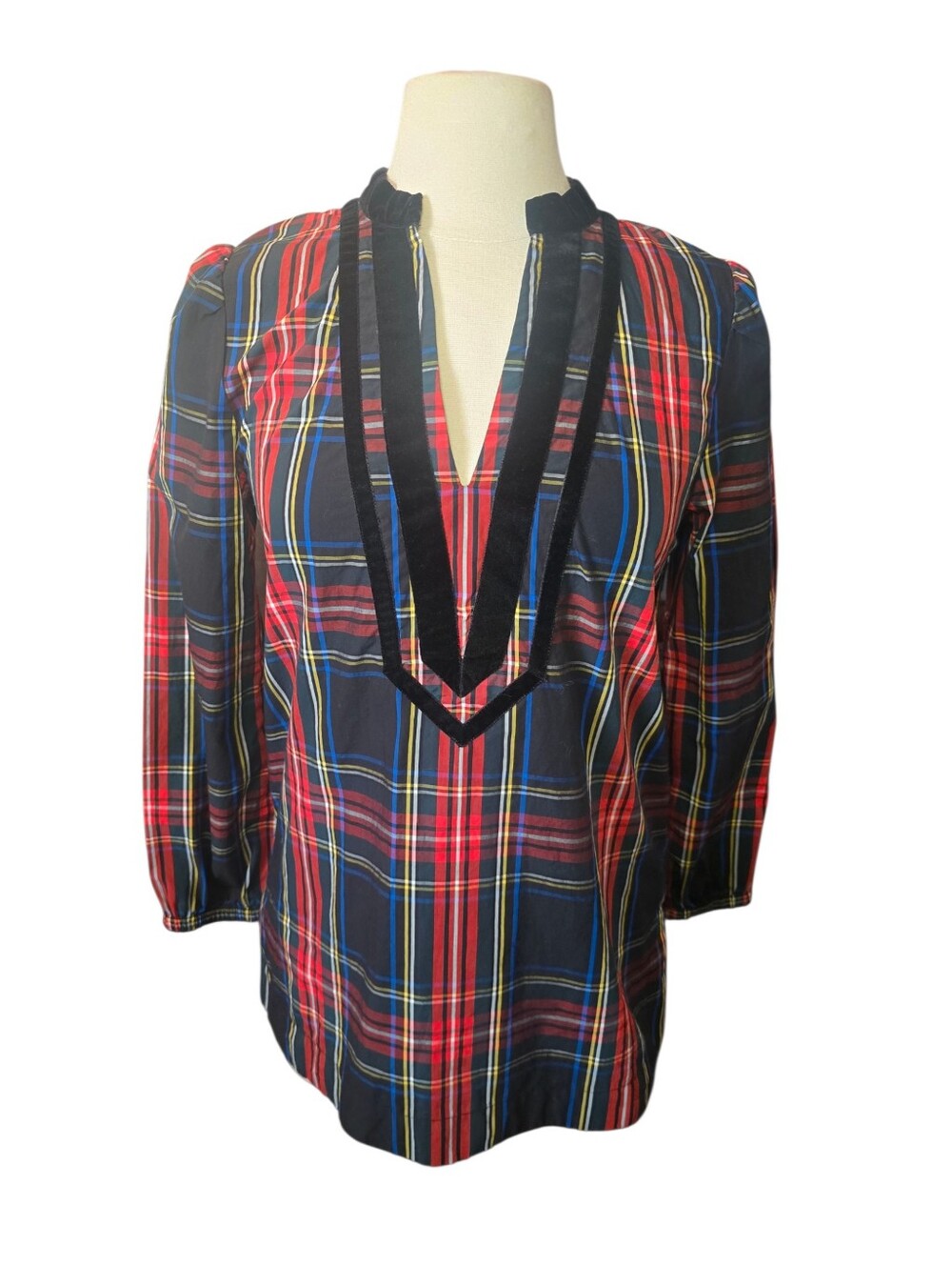J.Crew Women’s XS Holiday Tartan Plaid Velvet Trim Tunic Black Red Extra Small
